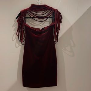Miss Circle NYC wine velvet dress with attachable neck and shoulder accessory